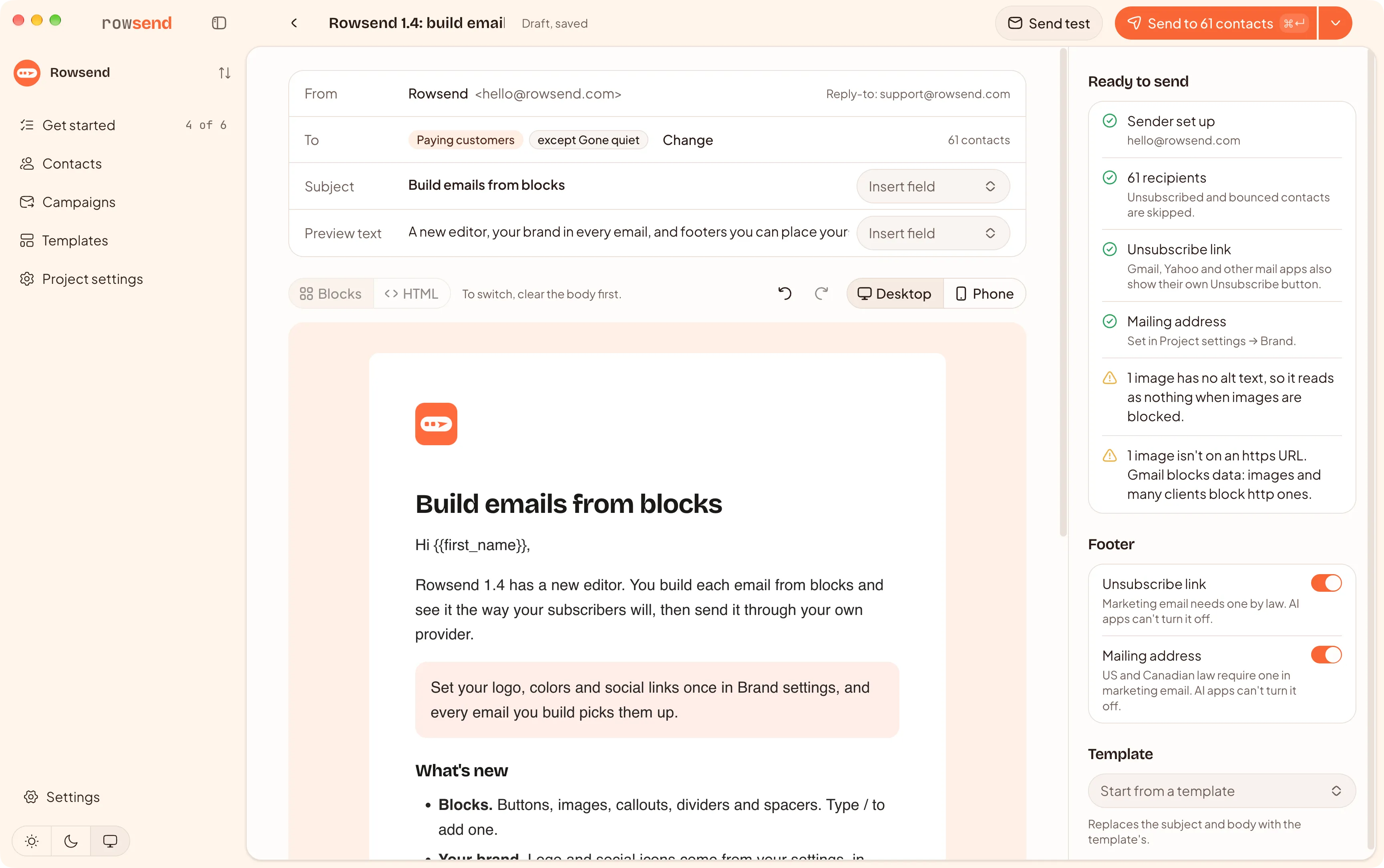 Rowsend's campaign editor with a launch email drafted by Claude Code, waiting for review