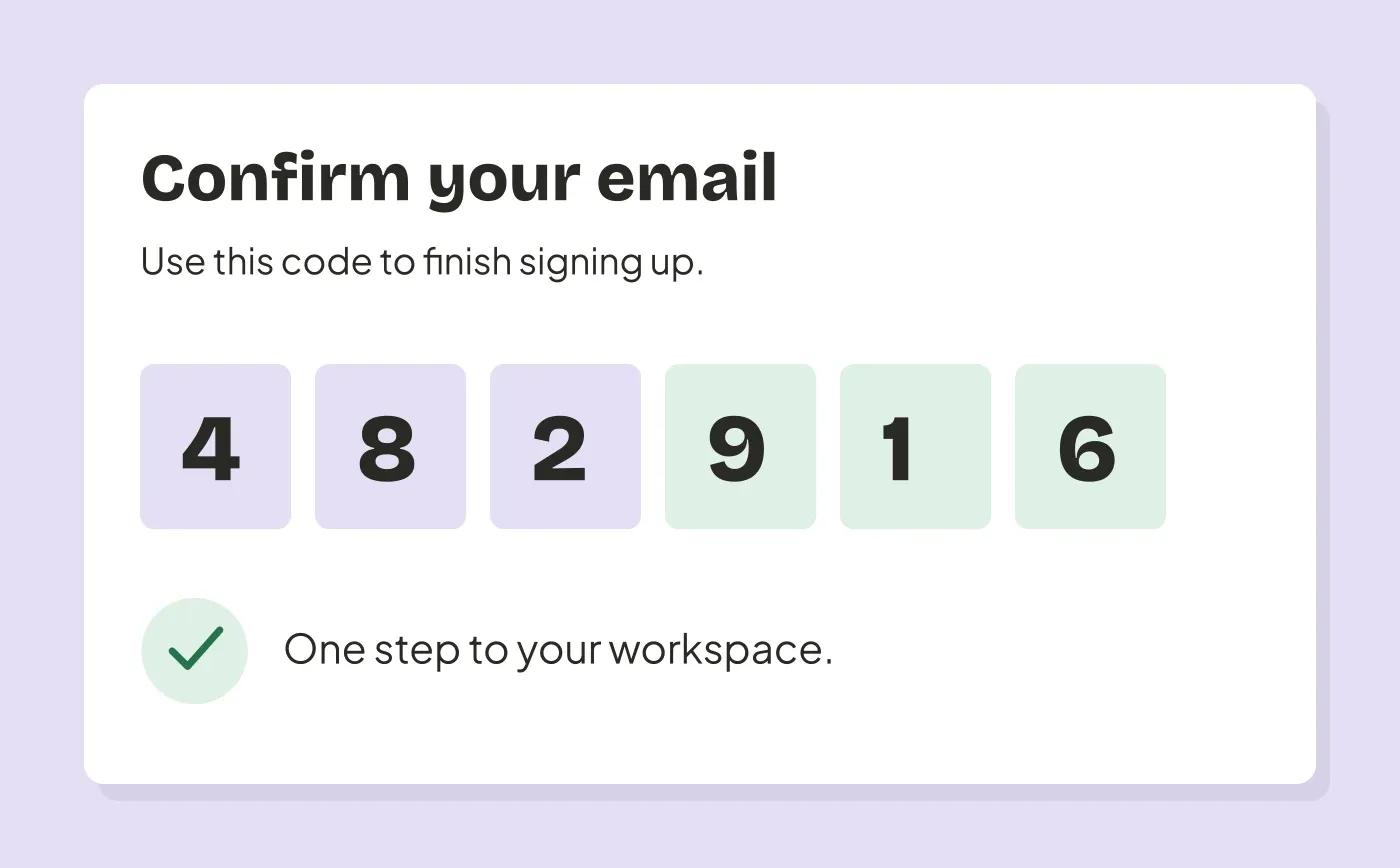 A fictional verification email shows a six-digit code to finish signing up, with no promotional offer.