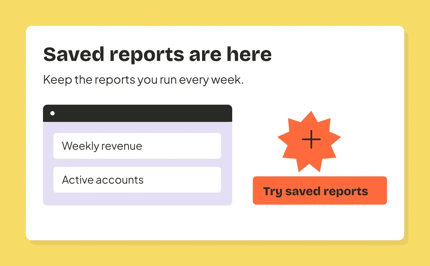 A fictional saved-reports announcement shows two reusable reports and a Try saved reports button.