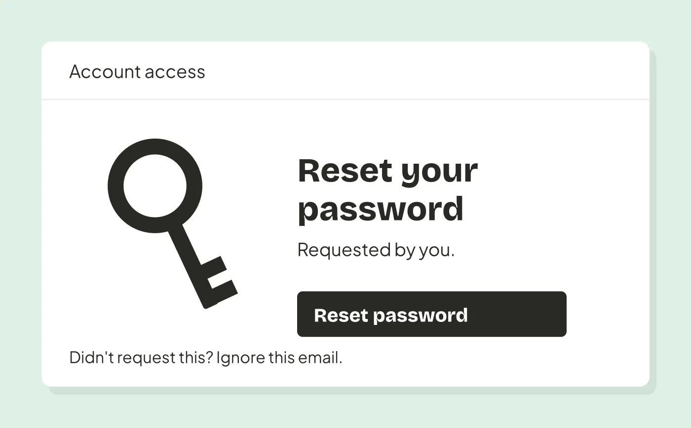 A fictional password-reset email pairs a key with a Reset password button and instructions to ignore an unrequested reset.