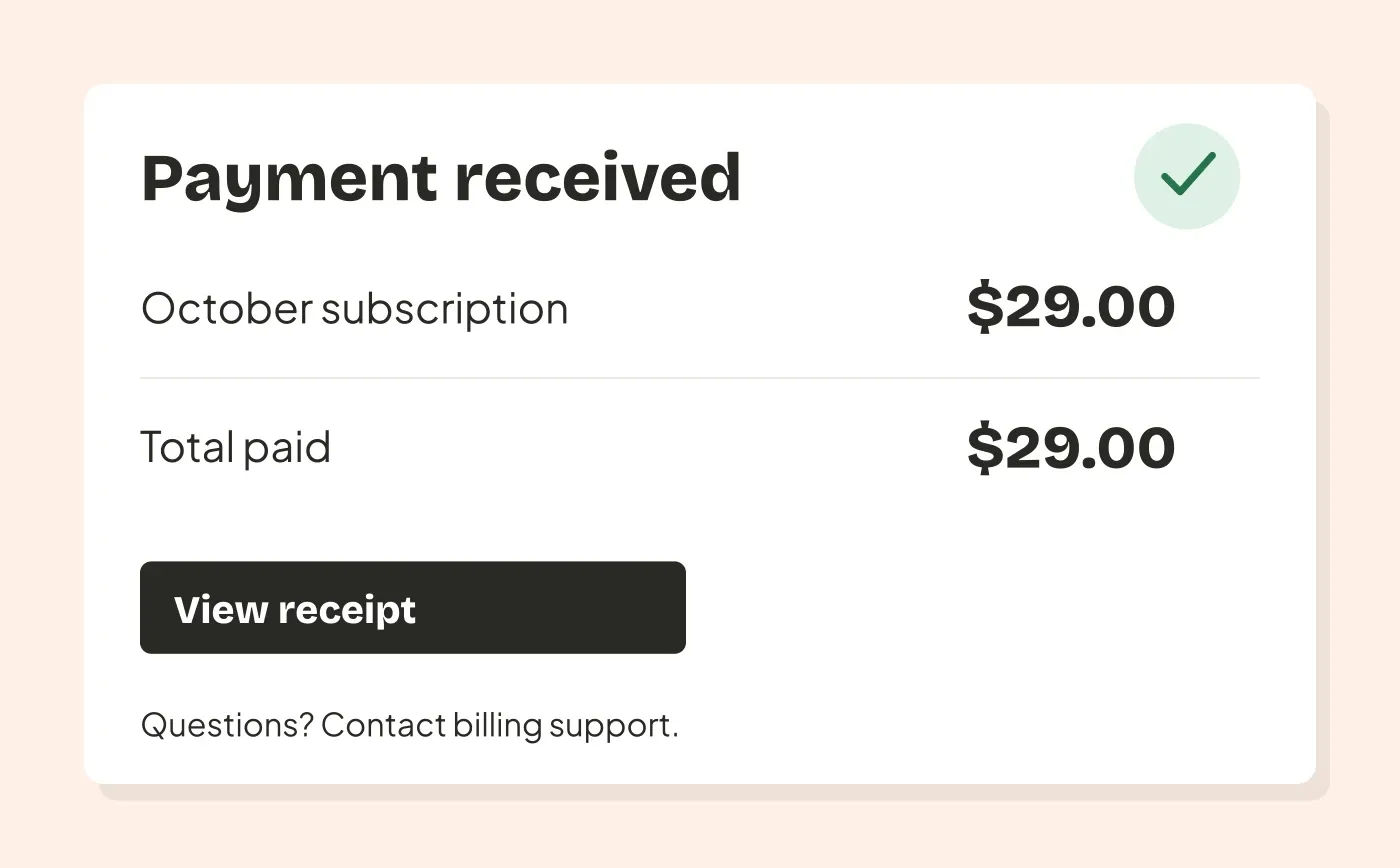 A fictional receipt confirms a 29-dollar October subscription payment and links to the receipt and billing support.