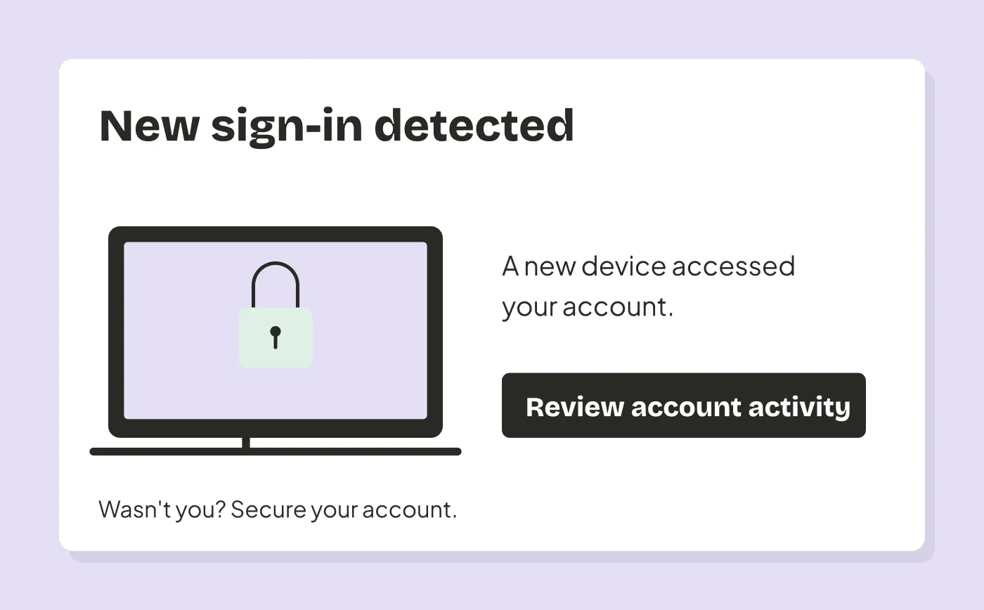 A fictional security alert shows a newly used device and a Review account activity button.